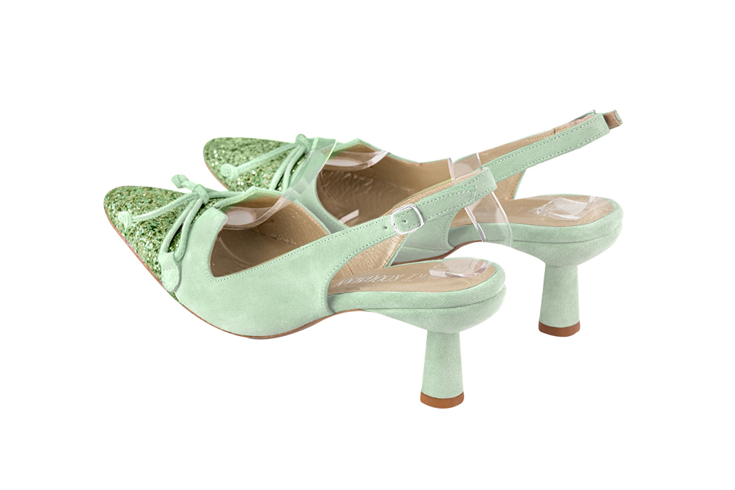 Mint green women's open back shoes, with a knot. Tapered toe. Medium spool heels. Rear view - Florence KOOIJMAN